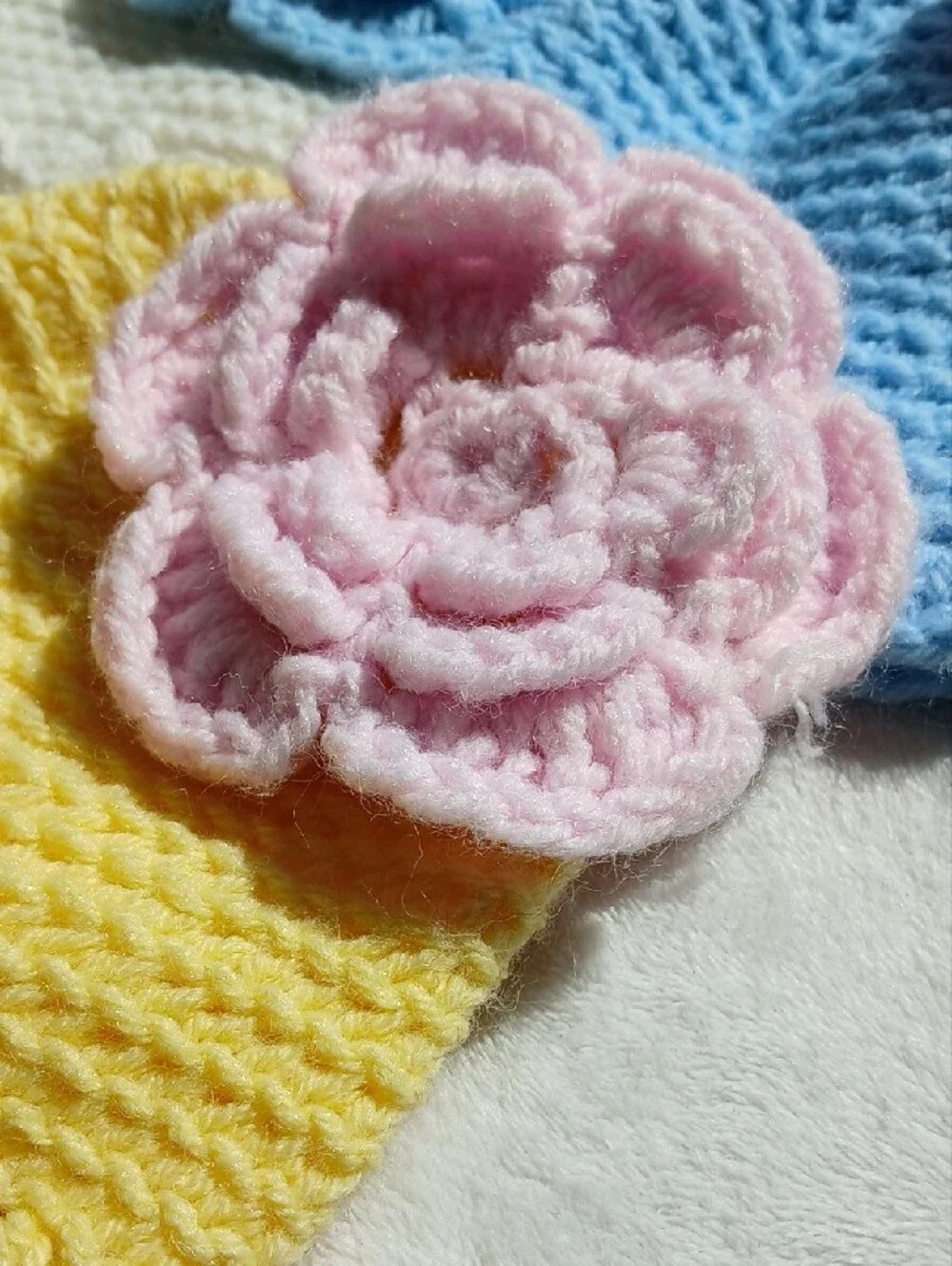 Handmade NEWBORN/INFANT Crochet Beanie Hat + Flower Accent [Set of 3]